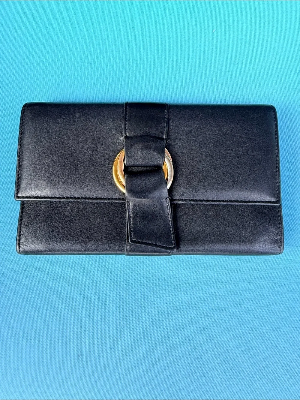 Cartier Black Leather Wallet with Gold Ring Detail  AUTHENTIC